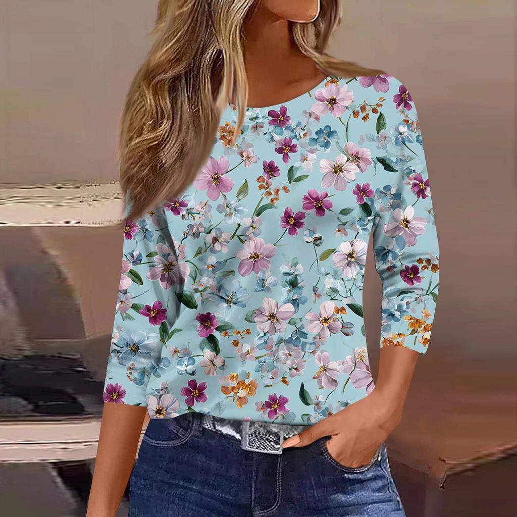 Women's Fashionable Casual Round Neck T-Shirt With Floral Print And Three-Quarter Sleeves