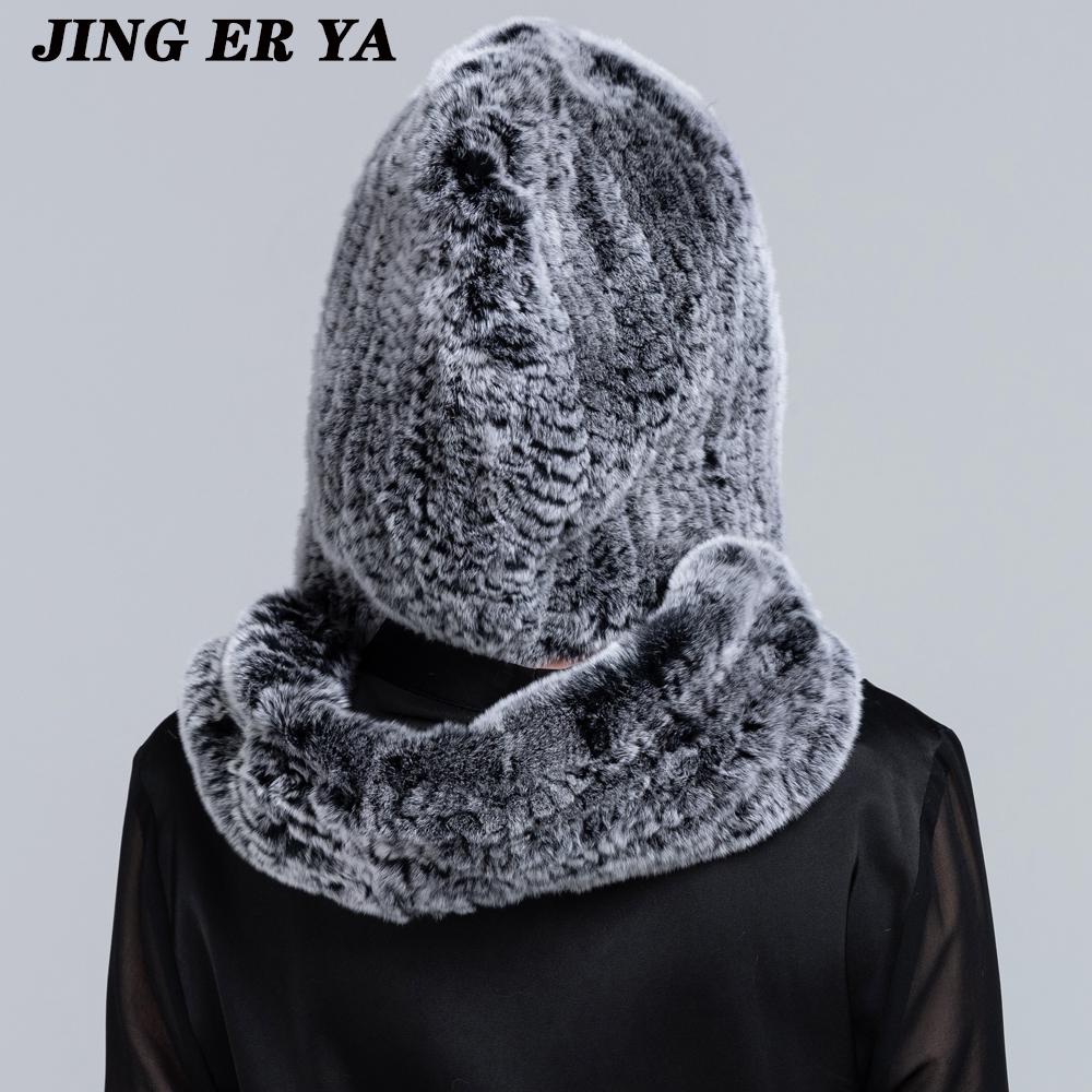 JINGERYA новая женская вязаная шапка с мехом кролика рекс, шарф с капюшоном, длинная зимняя теплая меховая шапка с шейным воротником, шарфы, шапка, шарф