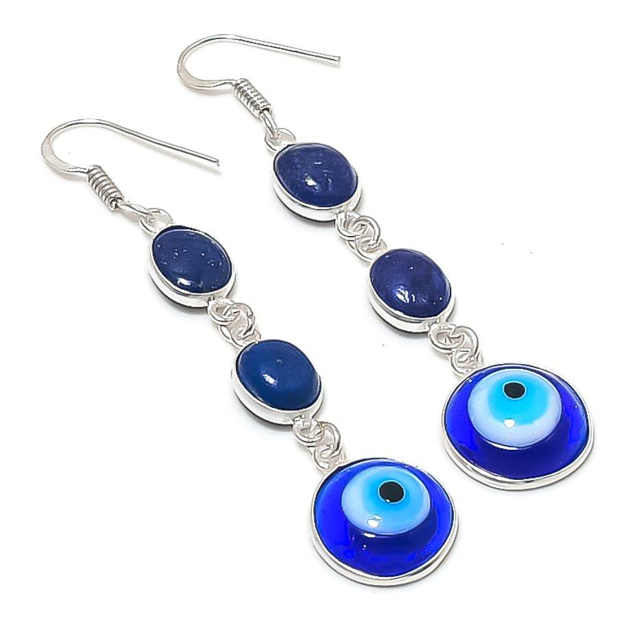 Blue Evil Eye, Lapis Gemstone 925 Sterling Silver Earring 2.76"