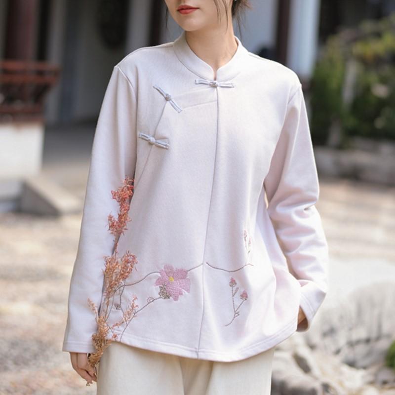 Johnature Женская вышитая цветочная стойка толстовки с длинным рукавом в китайском стиле ткани осенний однотонный пуловер толстовка