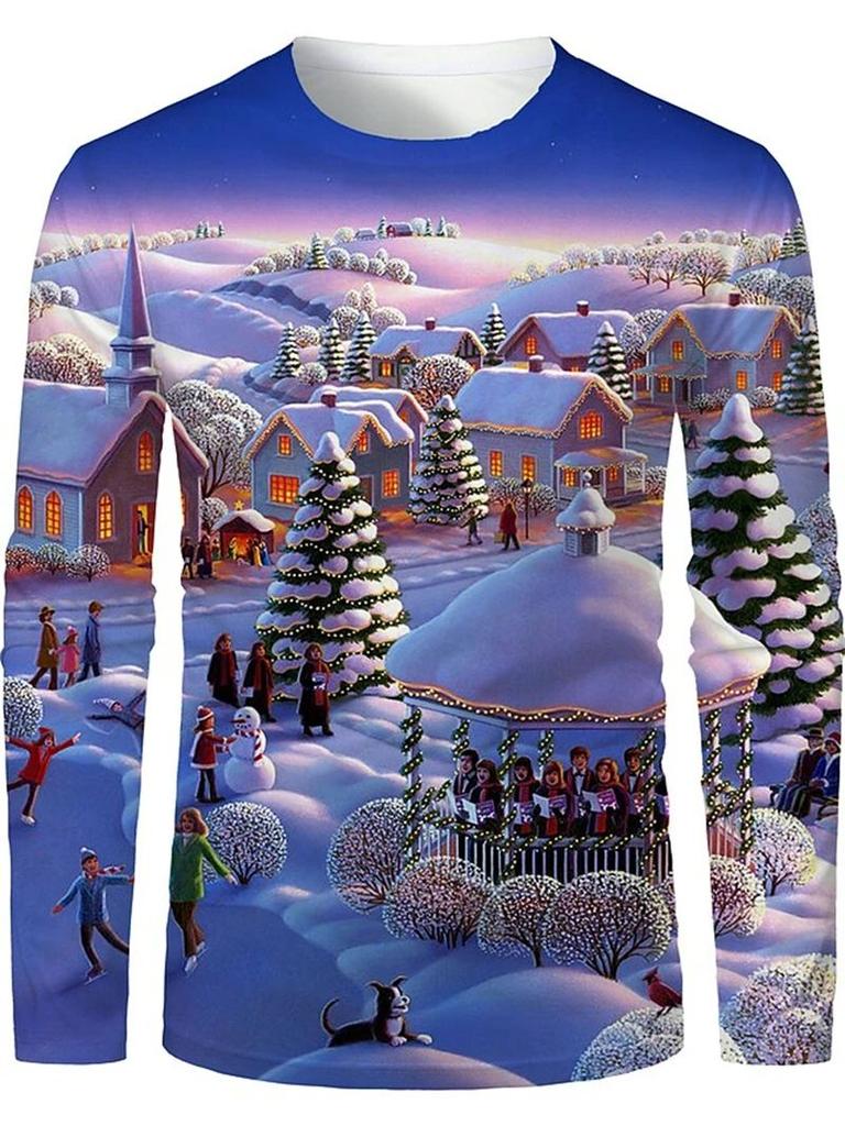 New Spring and Autumn Men's Fashion Interesting New Year Santa 3D Printed Long Sleeve Round Neck Plus Size Loose Breathable Top