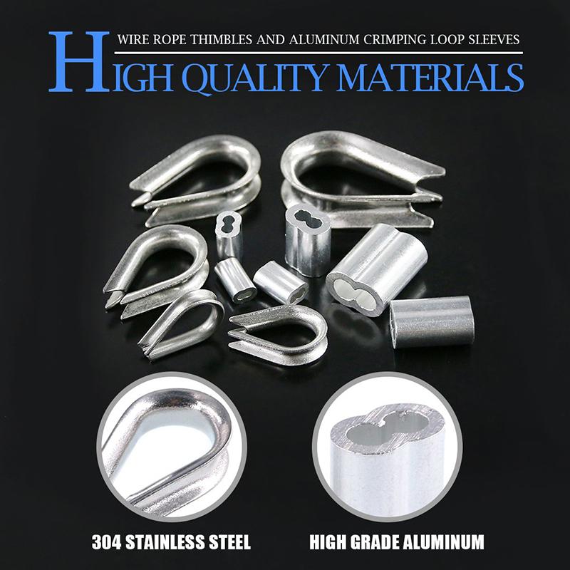 250Pcs 304 Stainless Steel Wire Rope Cable Thimbles and Aluminum Crimping Loop Sleeve Assortment Kit for Wire Rope Rigging