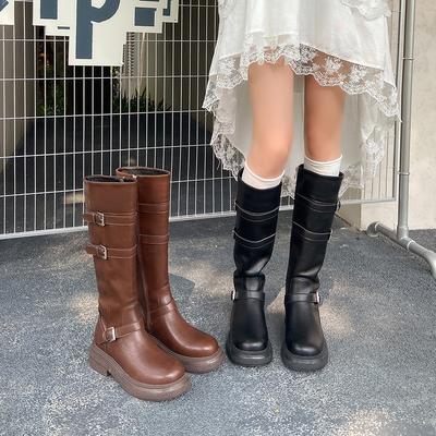 Коричневые ботфорты на платформе с длинным голенищем женские ковбойские ботинки в западном стиле Maillard высокие ботинки Пустошь круглый носок толстый каблук