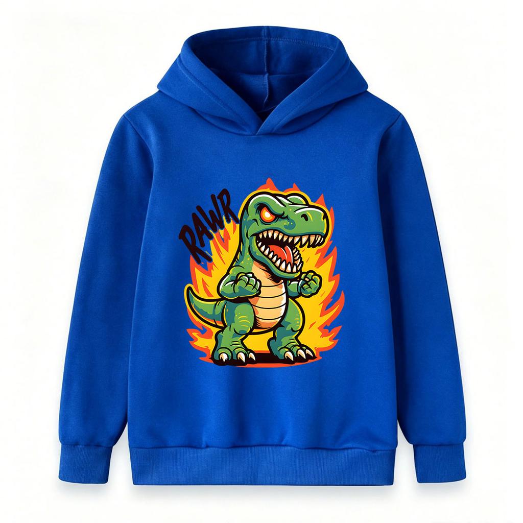 Kids Boys Girls Crewneck Hoodie Sweatshirt, Cool Angry T-Rex Dinosaur Printed Pullover Top with Fire Rawr Pattern, Casual Soft Long Sleeve Pullover