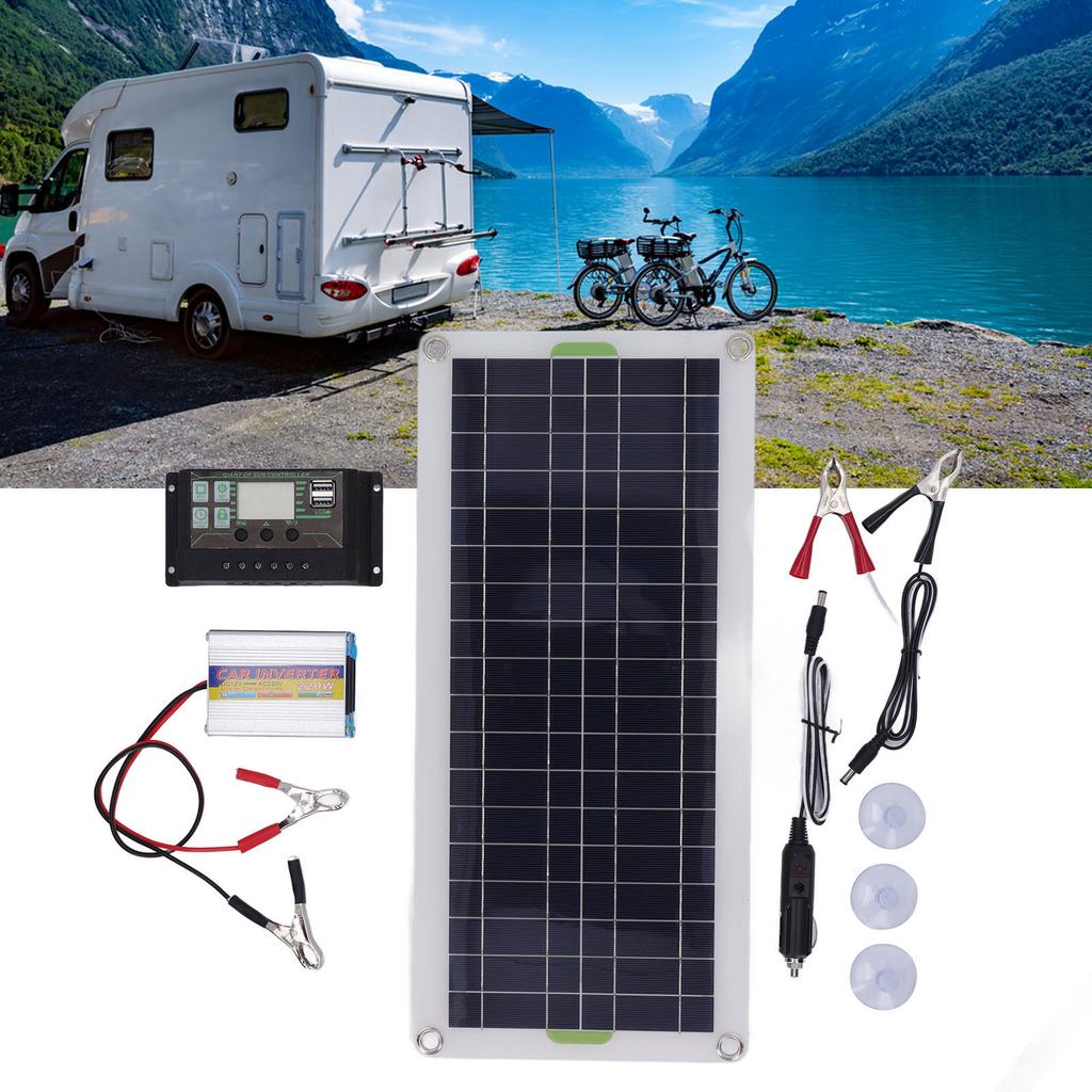 Портативный комплект солнечной панели 12 В 30 Вт с контроллером-инвертором 220 В, поликристаллический, высокая эффективность, 2 USB-порта
