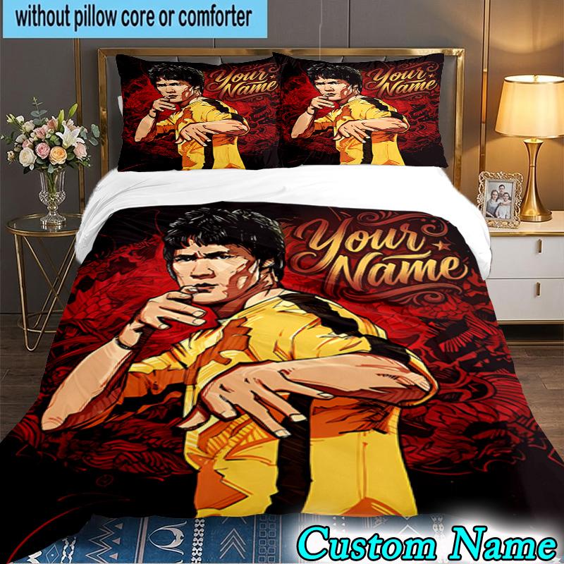 Custom Name 3PCS Dynamic Bruce-Lee Pose Bedding Set,Including  Duvet Cover And 2pcs Pillowcases Perfect for Bedroom,Dormitory,Fan Christmas gift