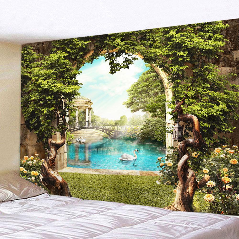 Spring Flowers Wood Fence Tapestry Nature Pink Rose Plant Flower Wall Hanging Garden Window Nature Scenery Tapestry