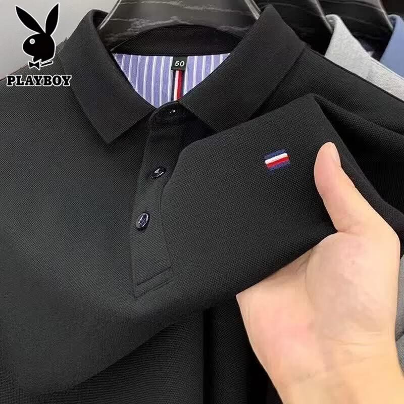 PLAYBOY Мужская дышащая рубашка-поло с длинным рукавом и вышивкой