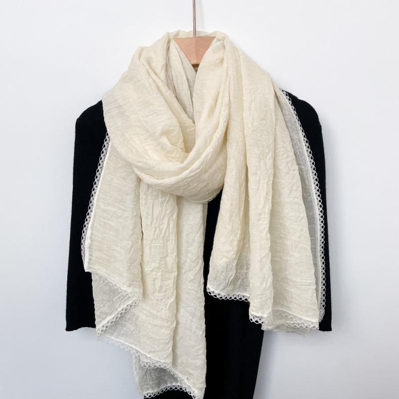 Spring New Lace Pleated Literary Yarn Thin Scarf, Women's Solid Color Cotton and Linen Silk Scarf, Neck Protection Scarf