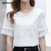 Повседневная Мода Однотонная Кружевная Ажурная Футболка Лето Новая Короткий Рукав Круглый Вырез Свободные Пуловеры Топы Женская Одежда