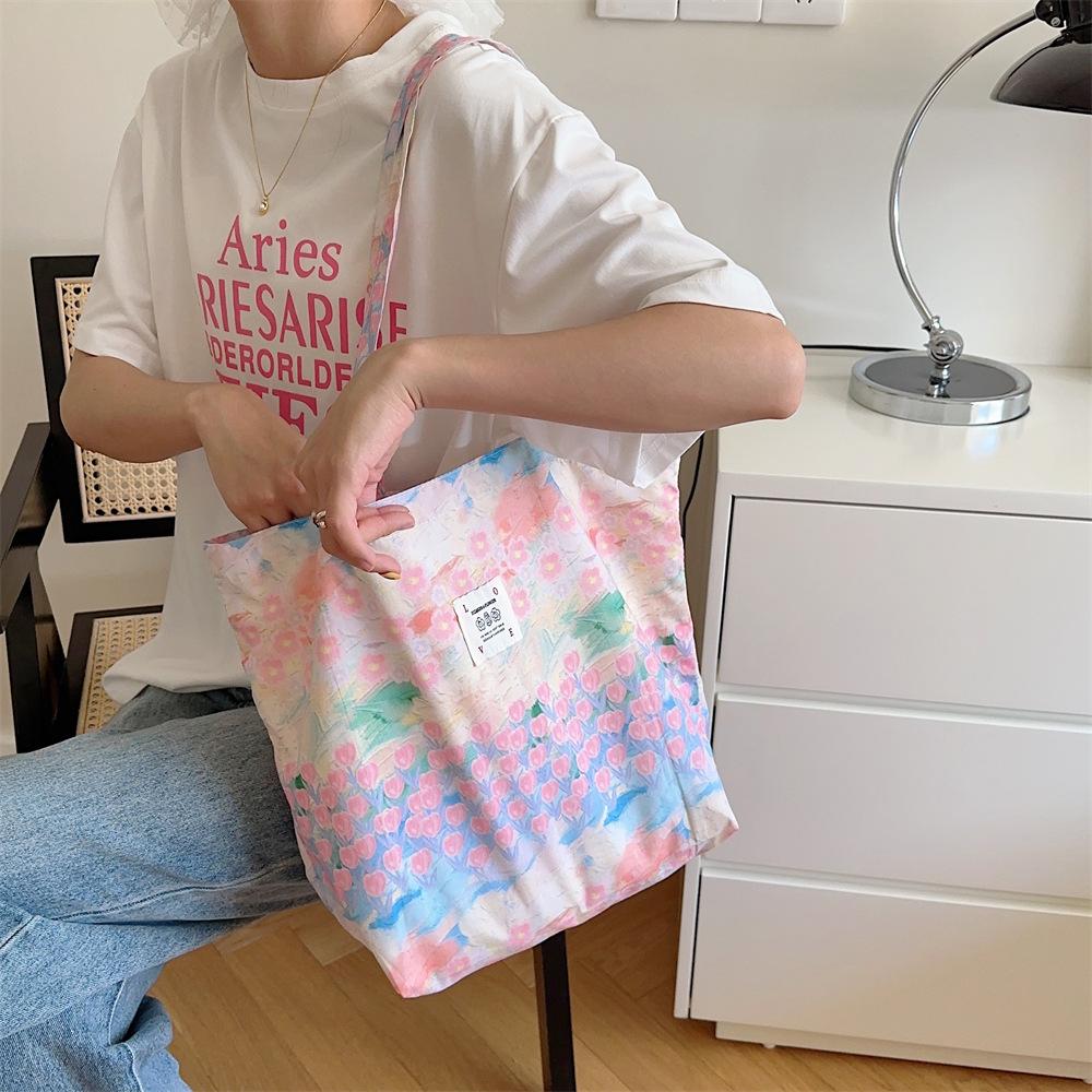 Sweet Flower Ladies Eco Shopping Bags Large Capacity Women's Shoulder Bag Thin Cotton Portable Female Travel Tote Handbags