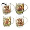 Durable Glass Drinkware 350ML Hand-painted Highland Cow Glass Cattle Coffee Mug Decorative Wine Glasses with Handle Heat-Resistant Tea Milk