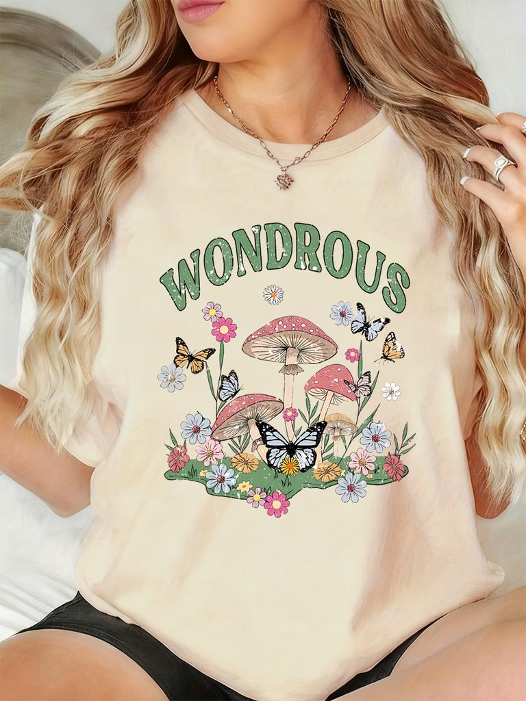 Mushroom Flower Butterfly Prints TShirts Women Summer Basic Short Sleeve Tops ONeck Soft T Shirt Casual Loose Womans Clothes