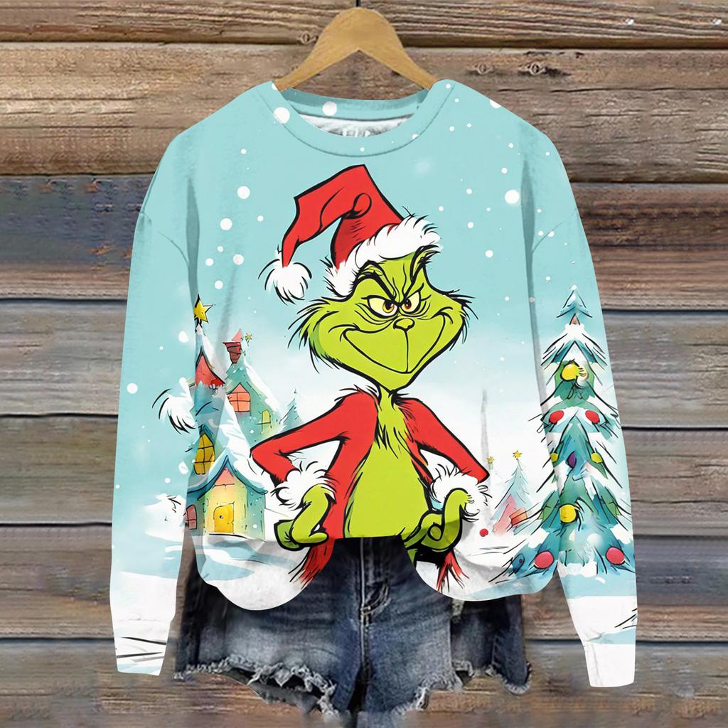 Ladies' Christmas Greentown Print Casual Long Sleeved Round Neck Sports Hoodie Top