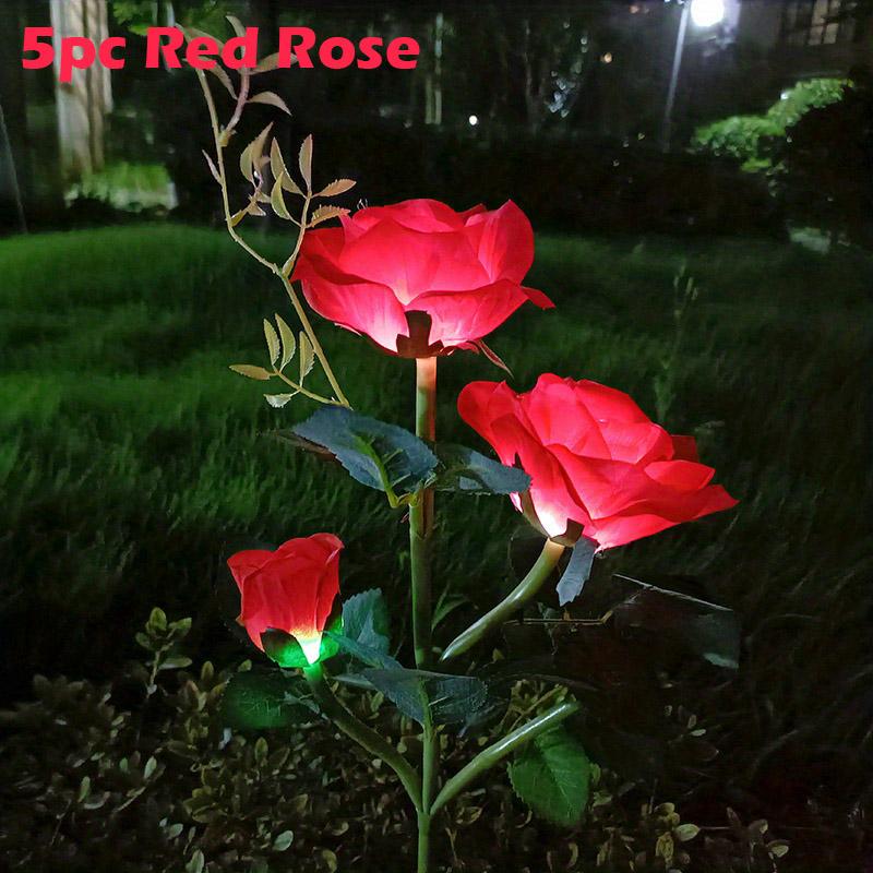 5Pack Garden Solar Decorative Light Outdoor Waterproof Realistic Artificial Rose Flower for Backyard Pathway Porch Step Memorial