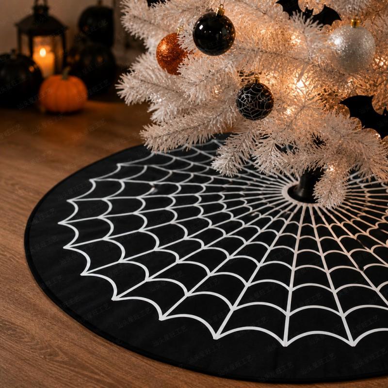 Halloween Tree Skirt With Spiderweb Print Black Fabric Round Base Cover Party Decor