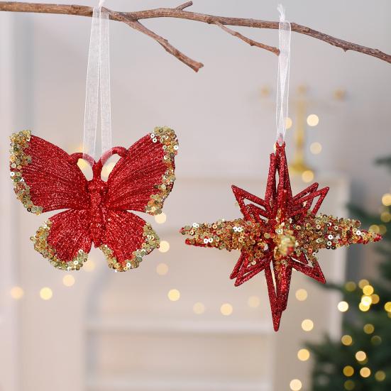 Glitter Sequined Christmas Ornament Red Snowflake/Butterfly/Star/Reindeer/Ballerina Hanging Decoration for Xmas Tree Doors Windows Walls Holiday Home