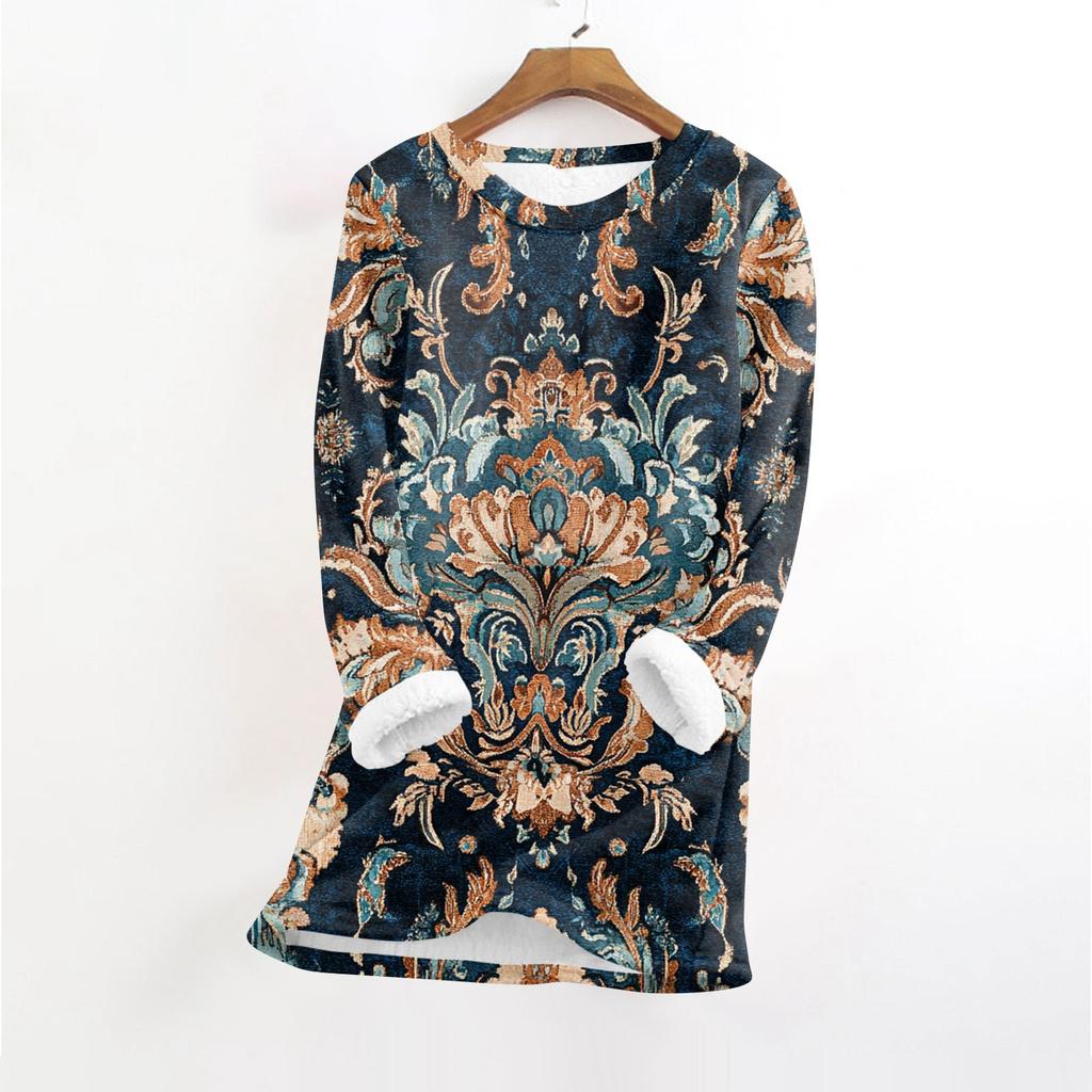 Женский модный плюшевый теплый пуловер с принтом, круглым вырезом и длинными рукавами