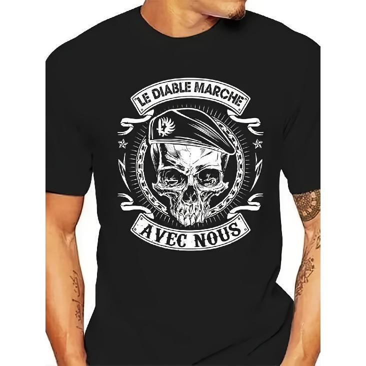 Men'S Black Short-Sleeve T-Shirt With Edgy Skull And Wings Graphic Print, French Text Design - 100% Regular Fit Casual Streetwear Tee For Casual