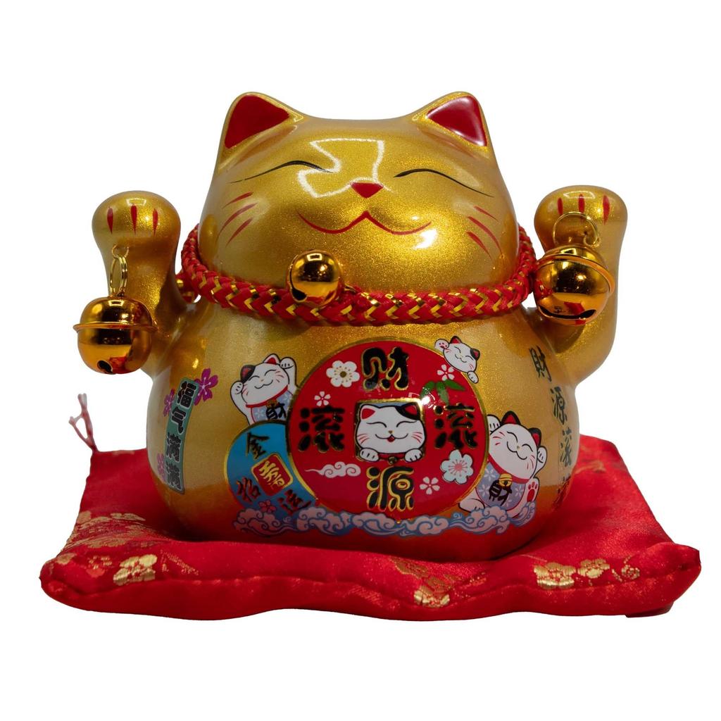 Ceramic Money Cat Bank – Gold on Cushion