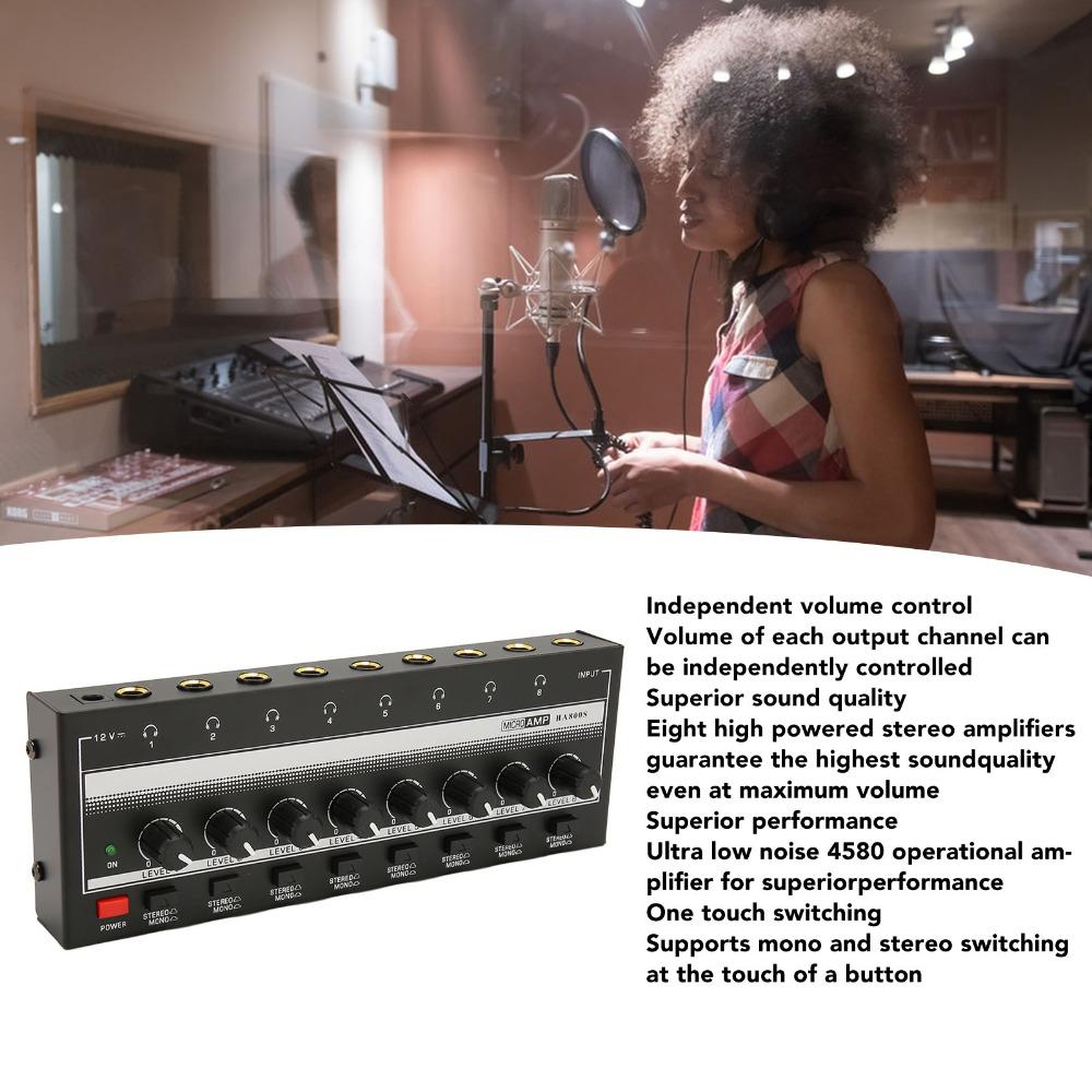1/4" TRS Input/Output Stereo Headphone Amplifier 8-Channel Audio Mixer Studio Recording