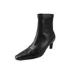 Embossed Cowhide Thin Boots Women's Elastic Boots Autumn and Winter New Leather Thick Heel Middle Heel Side Zipper Elastic Short Boots Women