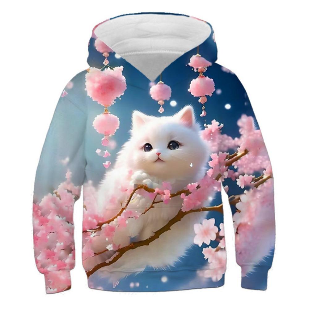 Детская одежда Толстовки с капюшоном для девочек с длинным рукавом и принтом 3D-кота для детей Весенне-осенняя одежда Повседневная милая одежда для девочек на открытом воздухе Топы