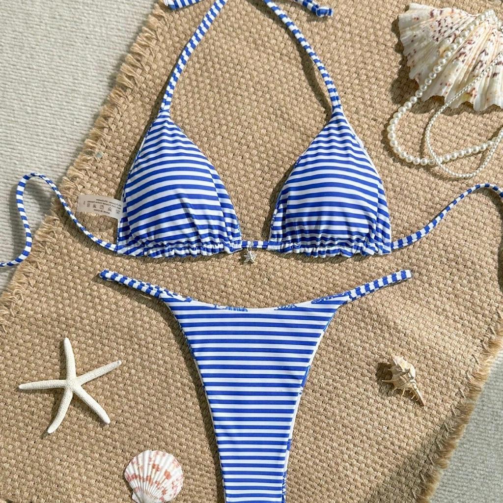 1011 Bestseller Ocean-Style Printed Striped Bikini with Halter Neck Tie and Sexy Split Bikini Can Be Worn Inside and Back