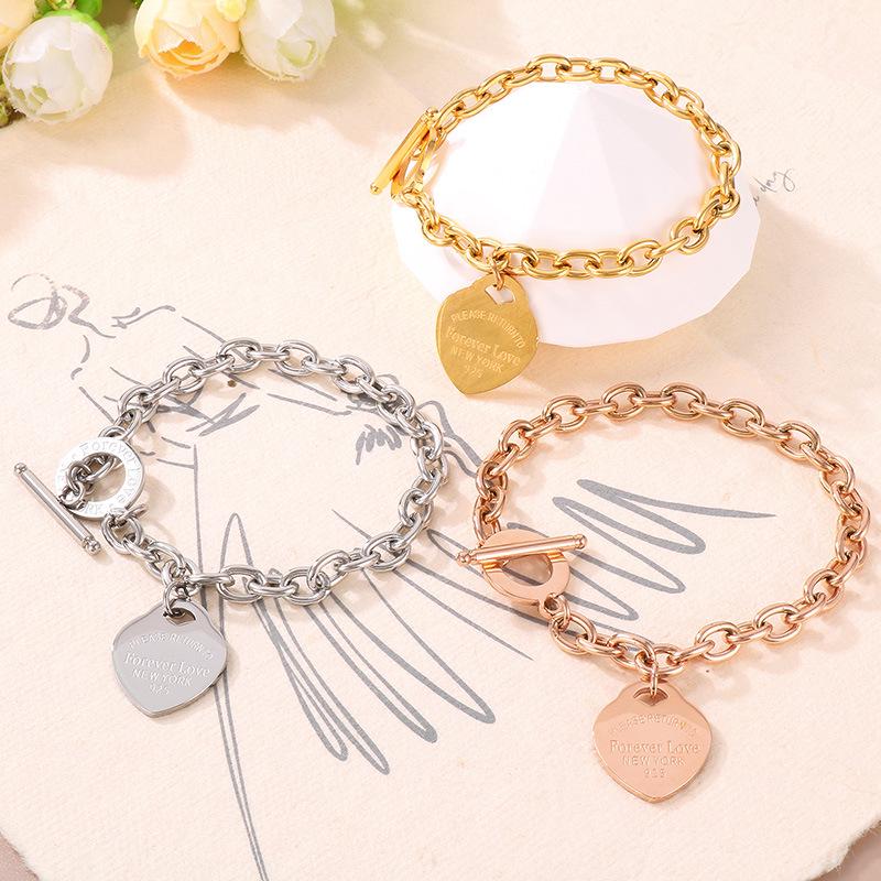 Heart-Shaped Titanium Steel Bracelet with OT Buckle and English Letter Charm