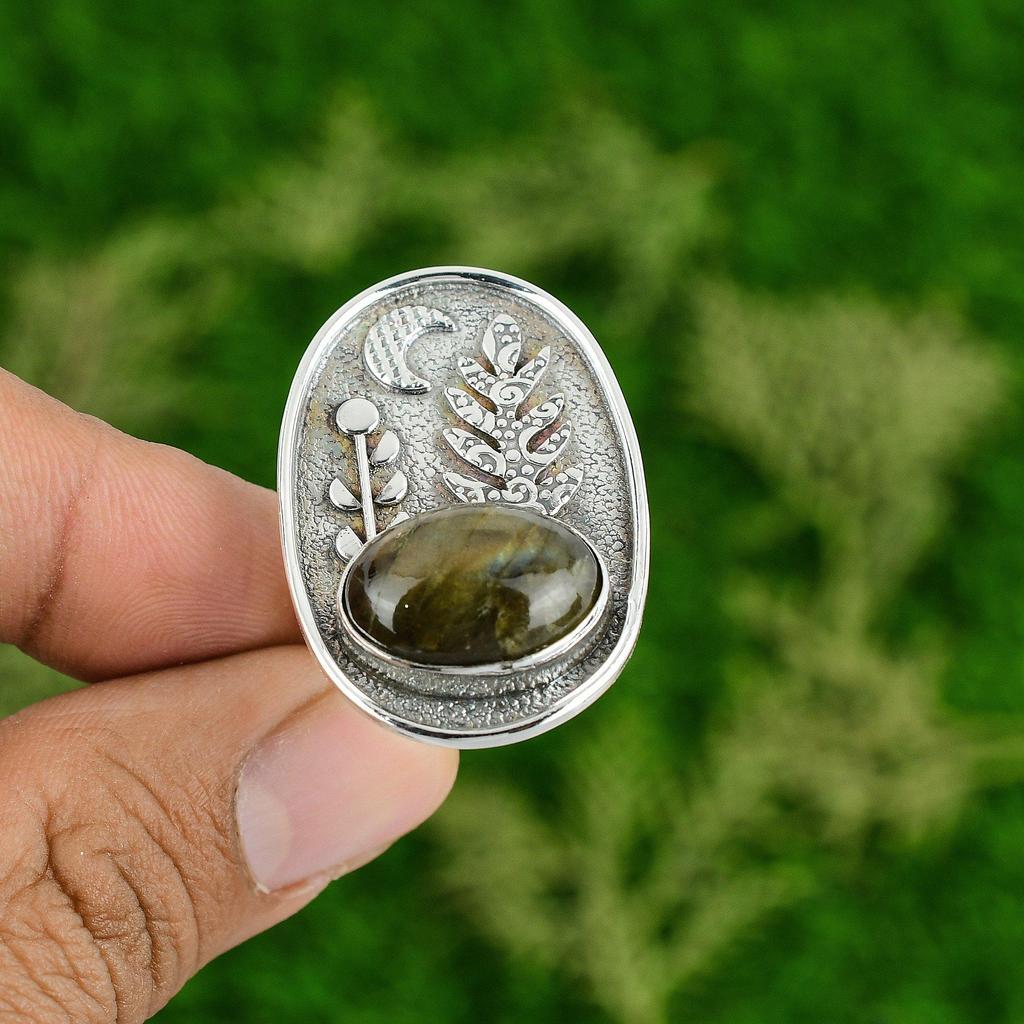 Natural Labradorite Gemstone Promise Green Adjustable Ring 925 Sterling Silver
