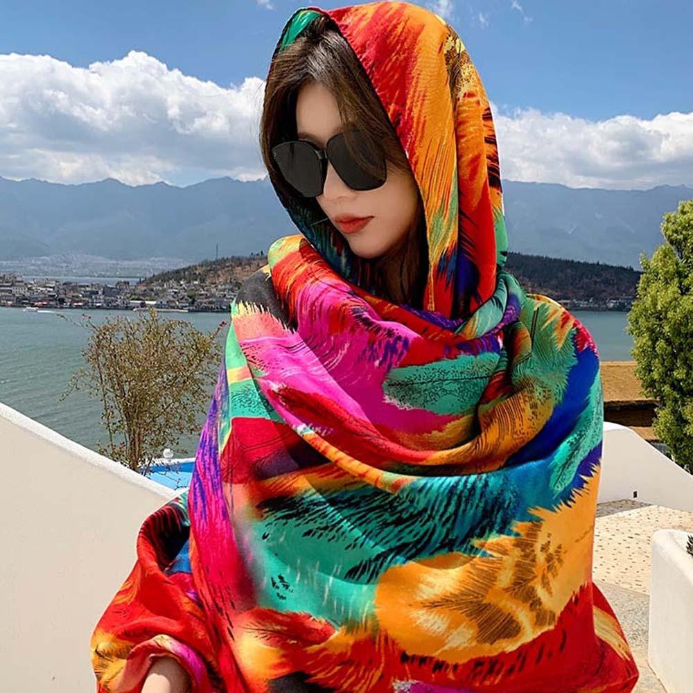Хлопковый весенний шелковый шарф, длинный квадратный шарф-хиджаб, повязка на голову в этническом стиле, шаль из пряжи для пляжа