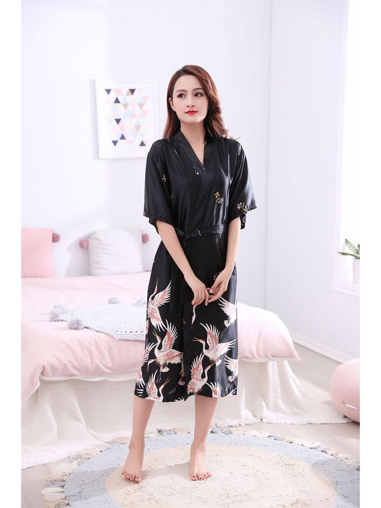 Очень большой шелковый халат-кимоно с принтом журавлей - Большой размер для невесты и домашней одежды