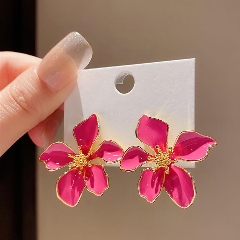 Dripping Oil Pink Flower Earrings Women's Fashion Sweet Stud Earrings Light Luxury High Sense New Versatile Earrings