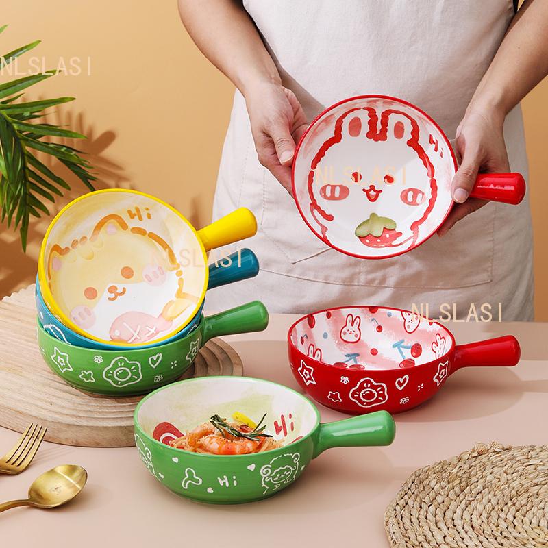 1pcs Oven Specific Ceramic Baking Bowl Household Fruit Salad Bowl with Handle Cartoon Single Handle Noodle Tableware Plate