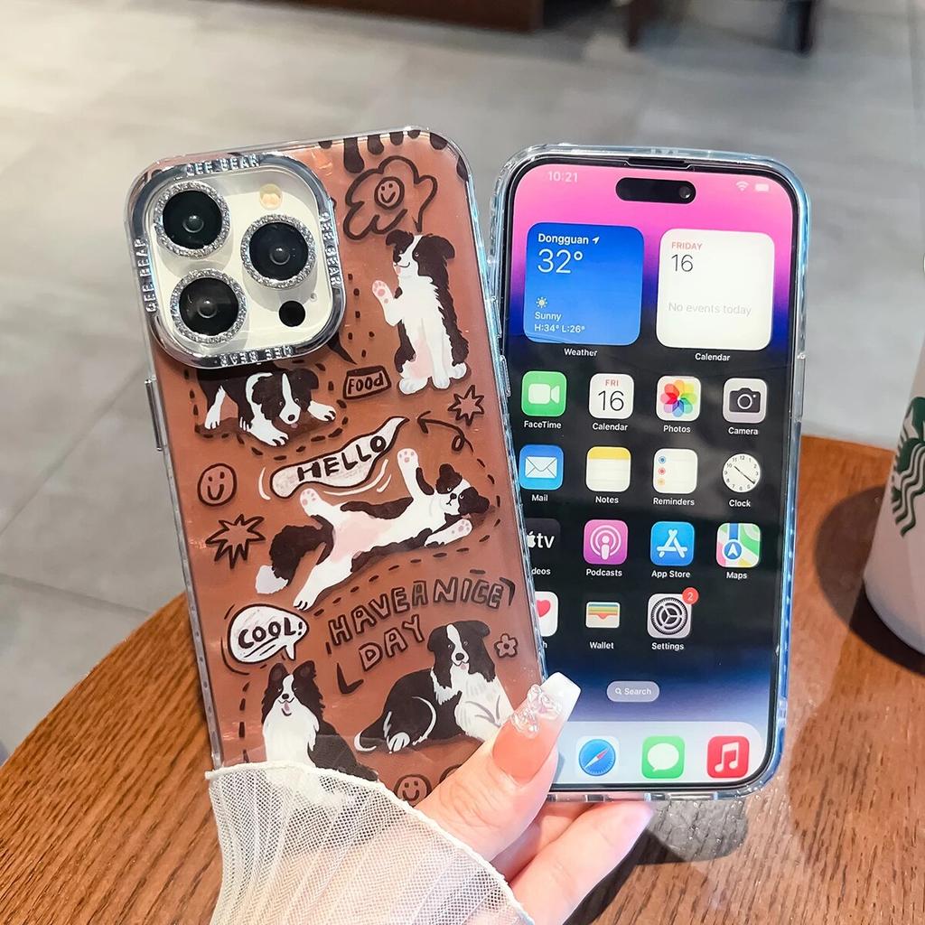 Мягкие чехлы с милой собакой в ​​стиле аниме для iPhone 15, 14, 13, 12, 11 Pro Max Plus, металлические кнопки, блестящие, украшенные драгоценными камнями, защитные пленки для линз, чехлы для телефонов