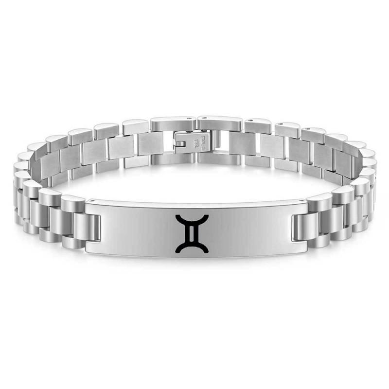 Stainless Steel Geometric Zodiac Bracelet Men Laser-Etched 10mm Wide Adjustable Cuff Bangle Jewelry