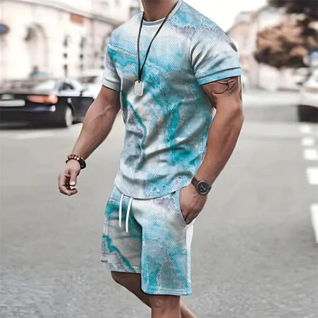 Летняя мода, футболка, шорты, комплект, темпераментный уличный мужской s, свободный топ с 3D короткими рукавами и градиентным кокосовым принтом, стиль