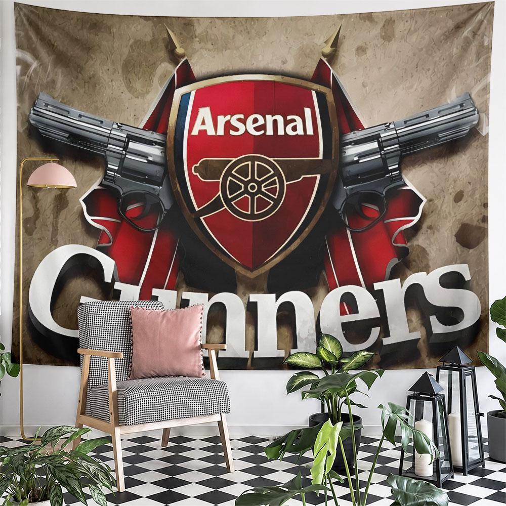 Shield with "Arsenal" logo, guns, and "Gunners" text on textured background. Patterned tapestry for bedroom and living room home decor