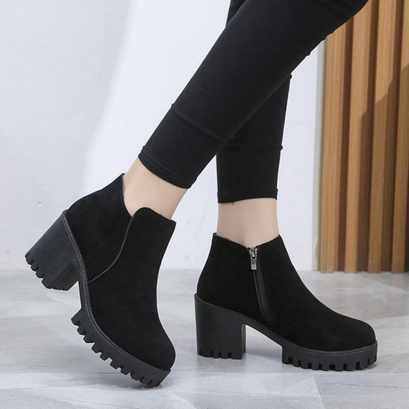 Короткие сапоги на грубом каблуке для женщин с круглым носком, молнией сбоку, толстой подошвой, высокие каблуки для женщин, ботинки Martin