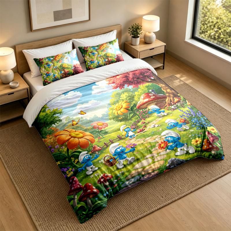 3Pcs Bedding SetSmurfs cute Soft Bed Sheet and Two Pillowcases Home Bedroom Decor