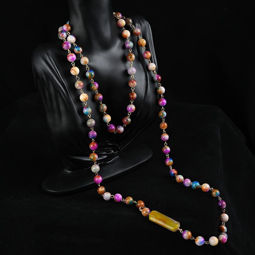 Vintage 18k Genuine Gold, Natural Stone and Agate Necklace and Earring Sets, Retro Long, Layered Personalized Sweater Chain