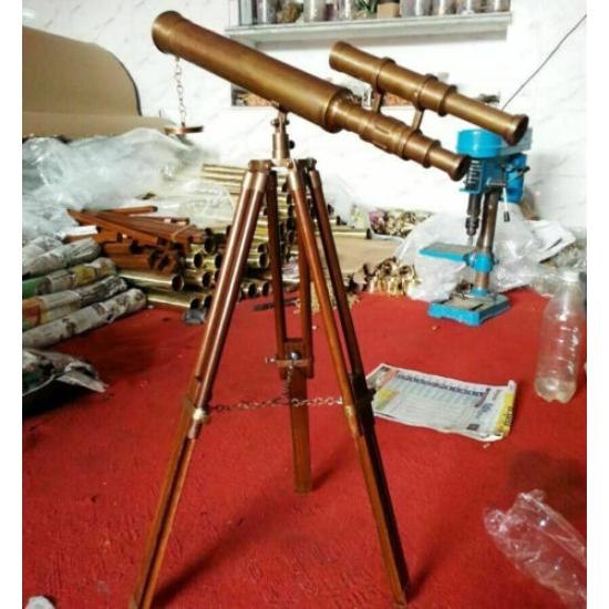 Antique Brass Telescope 18" With Wooden Tripod Stand Nautical Floor Standing