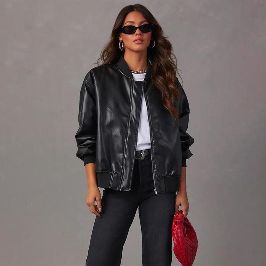Женская винтажная бомбер-куртка из искусственной кожи с опущенными плечами, свободного кроя, повседневное уличное пальто