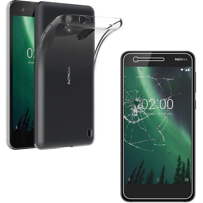 Coque et protection d'écran - PHONILLICO - Nokia 2 - Silicone Transparent - Ultra Mince - Pack avec Verre Trempé