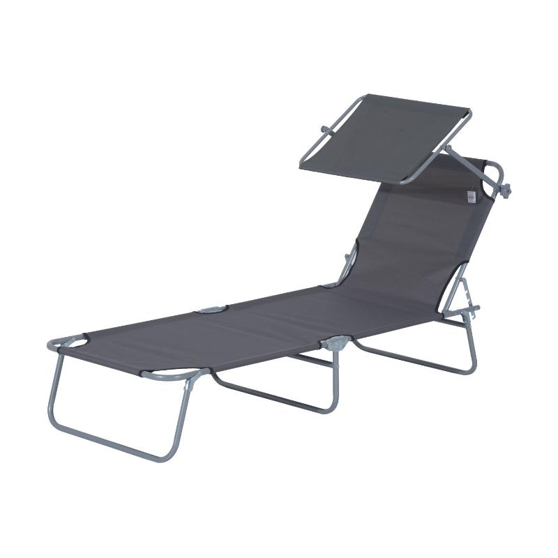 Foldable sun lounger, garden lounger with sunshade, beach lounger, with 4-position adjustable backrest,  suitable for garden, balcony and pool, Gray