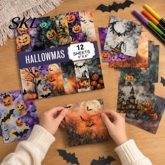 Hand Collage Paper 12 Sheets Purple Gothic Halloween Scrapbook Paper, Double Sided Decorative Craft No Burrs Cutting for Card Making, Origami,