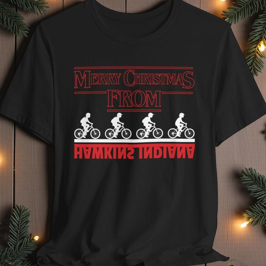 Рождественская футболка унисекс Stranger Things, 100% хлопок, мужская футболка, топ, подарок для фаната из Хокинса, Индиана