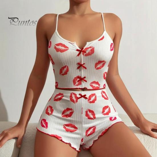 2 Pcs/Set Women Summer Pajamas Suit Butterfly Heart Printing Sleeveless Backless Cop Top High Waist Mini Shorts Daily Nightie Slim Fit Sleepwear