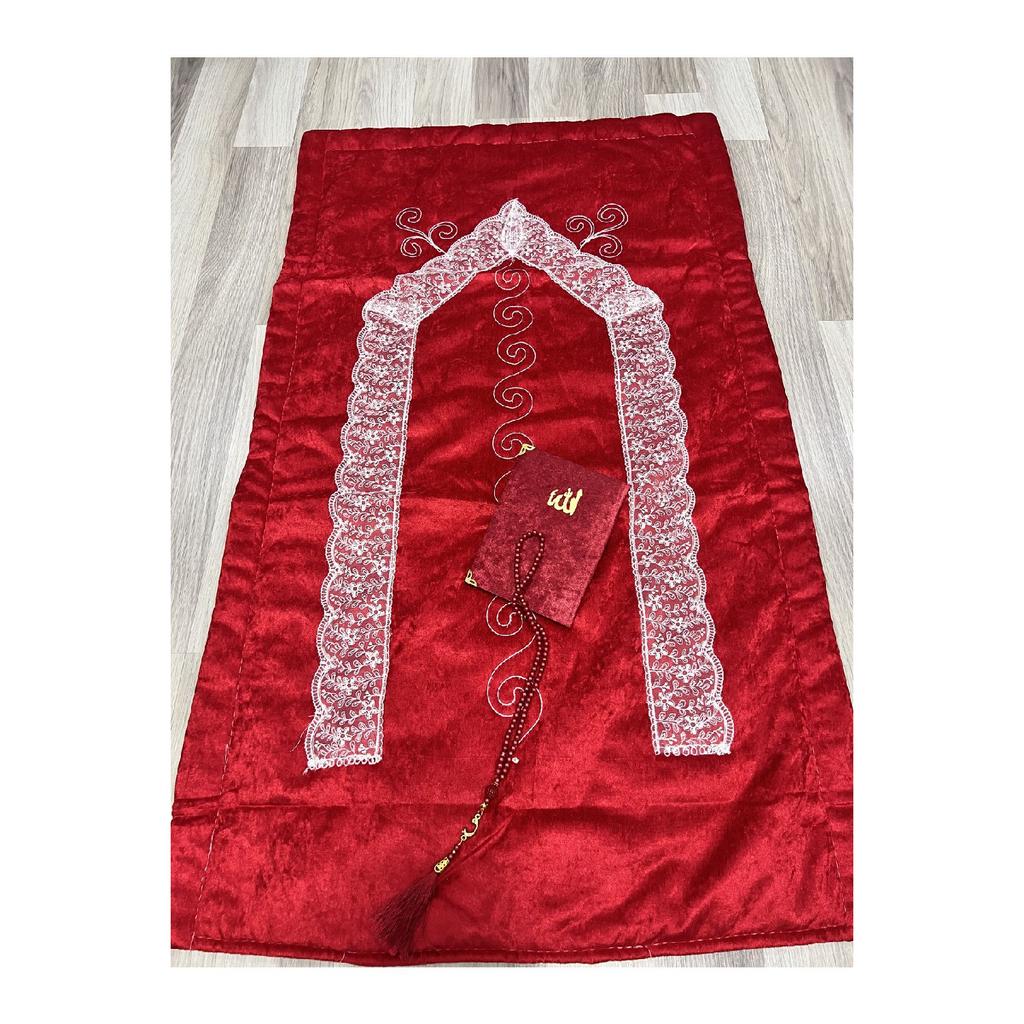 3 Piece French Guipure Embroidered Velvet Dowry Bridal Set Prayer Rug
