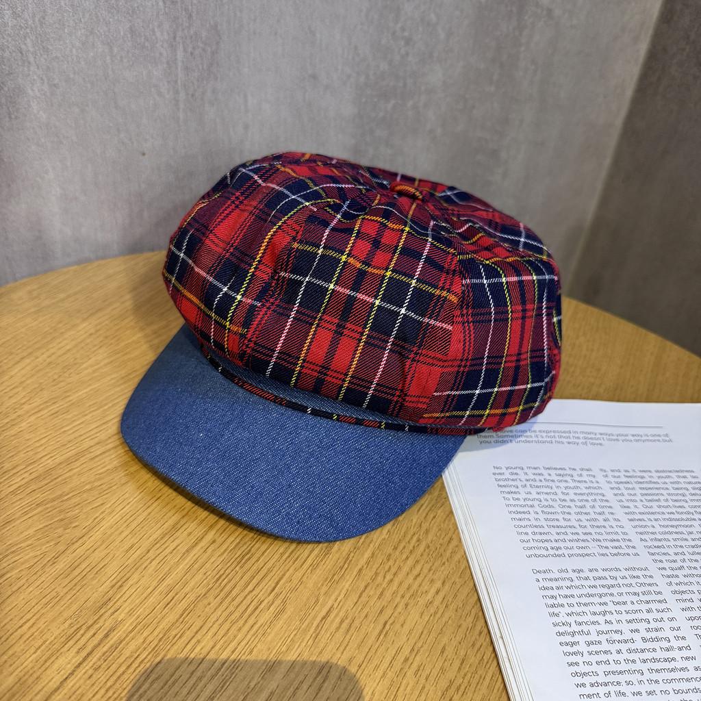 Cotton Retro Twill Spliced Checkered Beret Cap With Curved Brim For Wear Casual